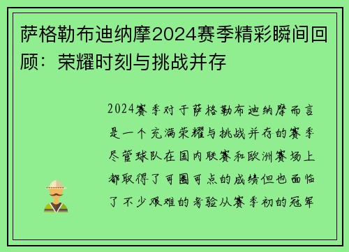 萨格勒布迪纳摩2024赛季精彩瞬间回顾:荣耀时刻与挑战并存 萨格勒布迪纳摩2024赛季精彩瞬间回顾:荣耀时刻与挑战并存