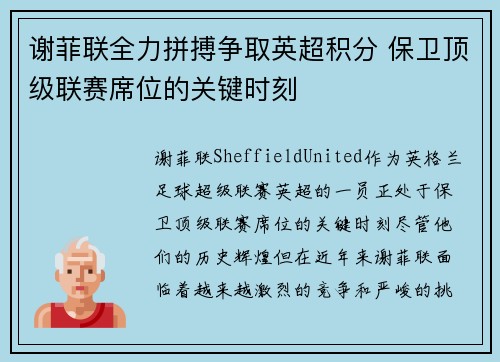 谢菲联全力拼搏争取英超积分 保卫顶级联赛席位的关键时刻 谢菲联全力拼搏争取英超积分 保卫顶级联赛席位的关键时刻
