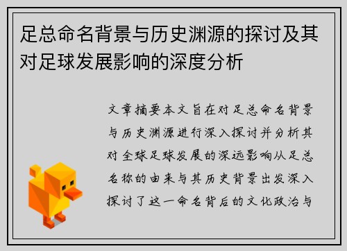 足总命名背景与历史渊源的探讨及其对足球发展影响的深度分析 足总命名背景与历史渊源的探讨及其对足球发展影响的深度分析